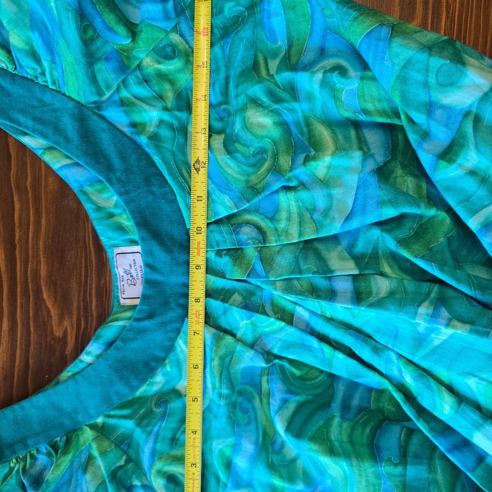 Vintage Bette Inc Honolulu Hawaii Cotton Maxi Dress Teal Green Wave Print 8 - Picture 9 of 13